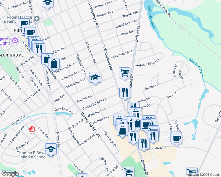 map of restaurants, bars, coffee shops, grocery stores, and more near 325 Washington Avenue in Pitman