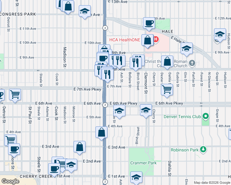map of restaurants, bars, coffee shops, grocery stores, and more near 656 Albion Street in Denver