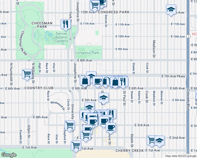 map of restaurants, bars, coffee shops, grocery stores, and more near 660 Clayton Street in Denver