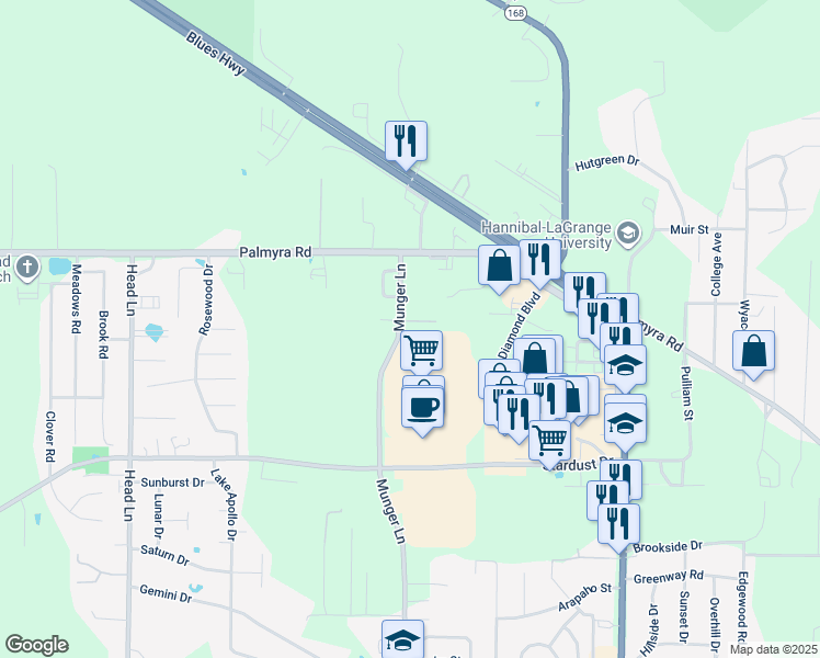 map of restaurants, bars, coffee shops, grocery stores, and more near 494 Munger Lane in Hannibal