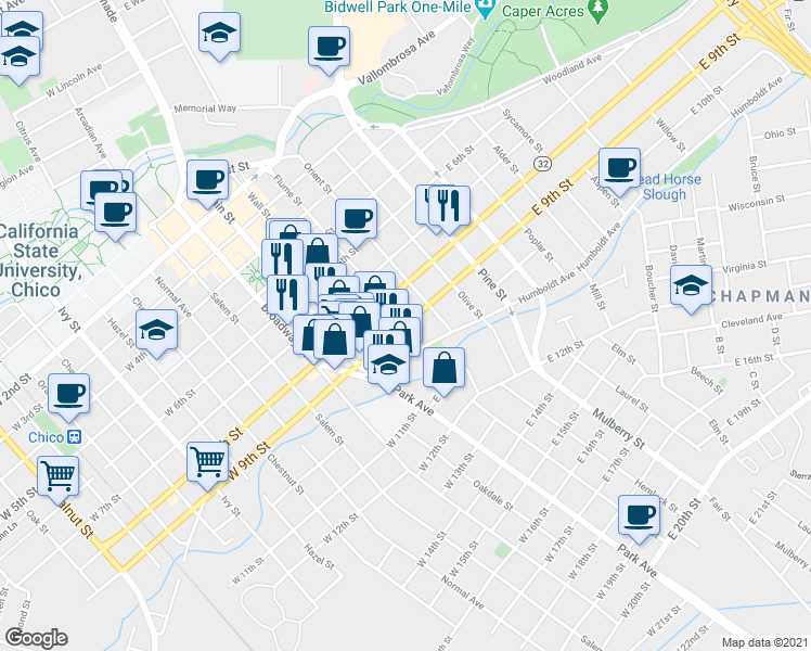 map of restaurants, bars, coffee shops, grocery stores, and more near E 9th St & Flume St in Chico