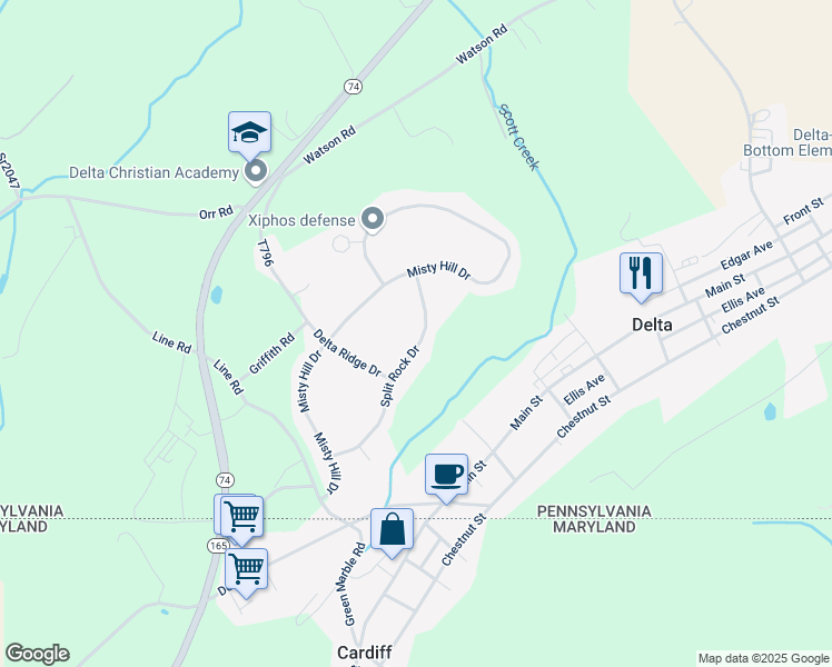 map of restaurants, bars, coffee shops, grocery stores, and more near 177 Split Rock Drive in Delta