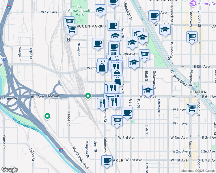 map of restaurants, bars, coffee shops, grocery stores, and more near 700 Kalamath Street in Denver