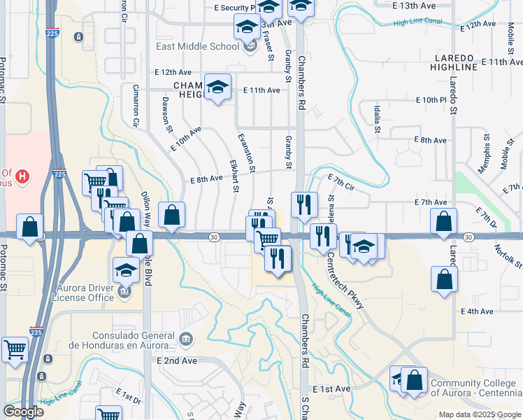 map of restaurants, bars, coffee shops, grocery stores, and more near 728 Evanston Street in Aurora