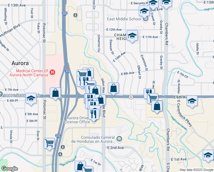 map of restaurants, bars, coffee shops, grocery stores, and more near 761 Sable Boulevard in Aurora