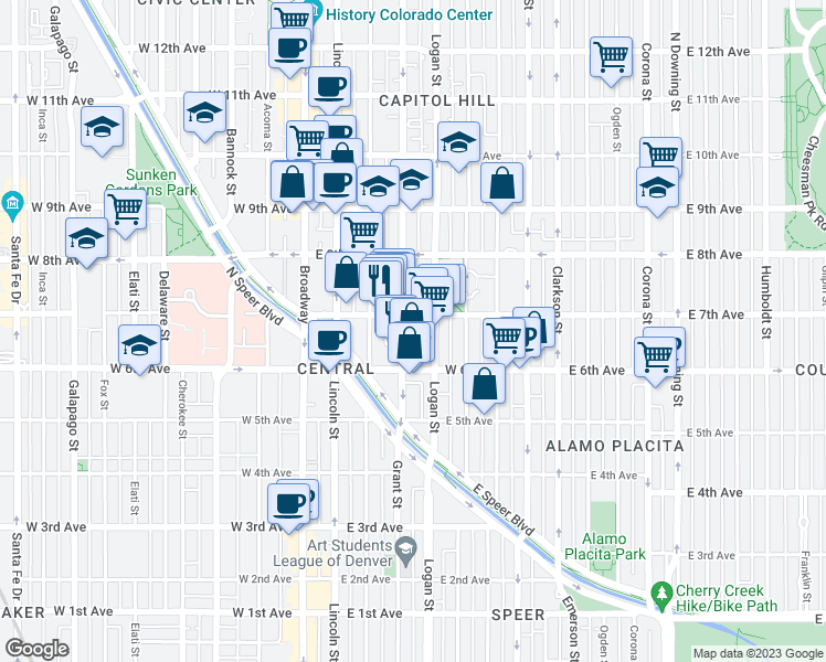 map of restaurants, bars, coffee shops, grocery stores, and more near 301 East 7th Avenue in Denver