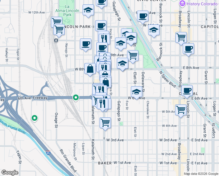 map of restaurants, bars, coffee shops, grocery stores, and more near in Denver