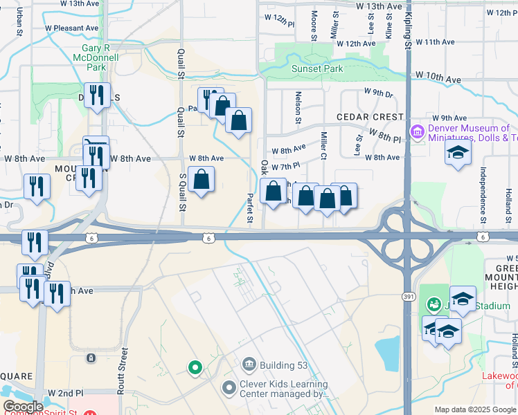 map of restaurants, bars, coffee shops, grocery stores, and more near 10747 West 6th Place in Lakewood