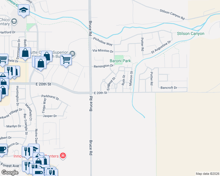 map of restaurants, bars, coffee shops, grocery stores, and more near 2368 McGie Street in Chico