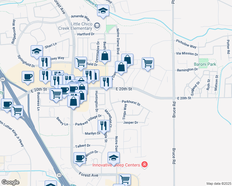 map of restaurants, bars, coffee shops, grocery stores, and more near 2001 Notre Dame Boulevard in Chico