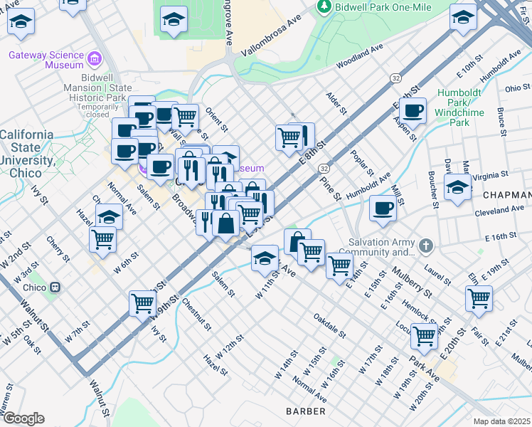 map of restaurants, bars, coffee shops, grocery stores, and more near in Chico