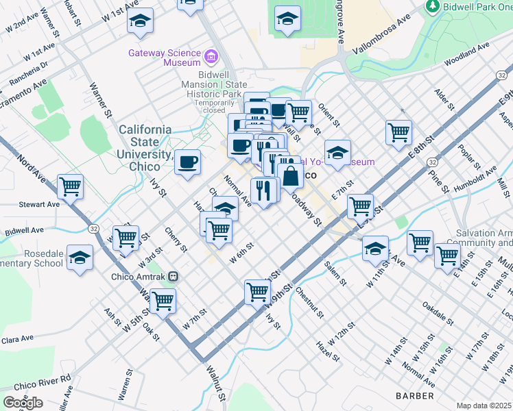 map of restaurants, bars, coffee shops, grocery stores, and more near 412 Salem Street in Chico