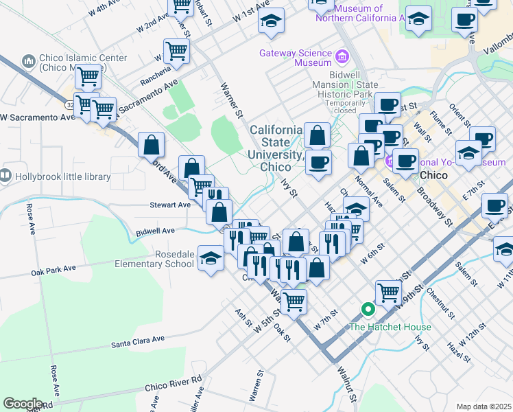 map of restaurants, bars, coffee shops, grocery stores, and more near 831 Rio Chico Way in Chico
