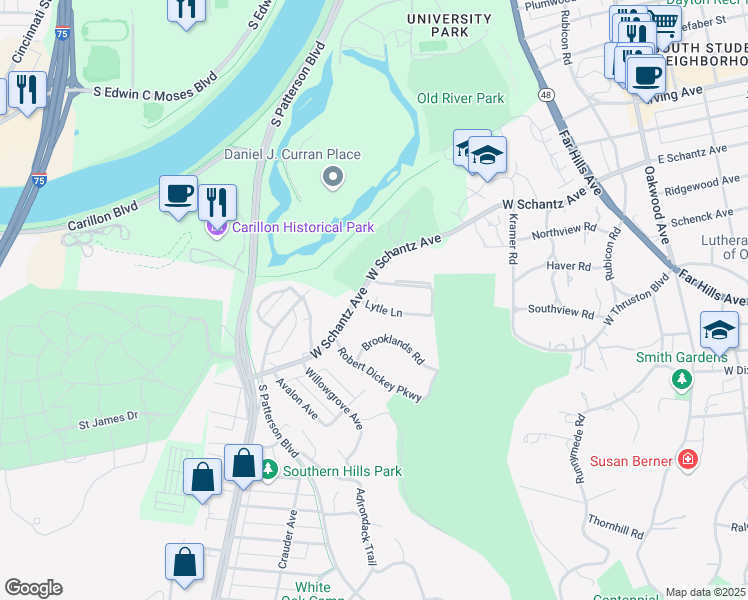 map of restaurants, bars, coffee shops, grocery stores, and more near 1820 West Schantz Avenue in Dayton