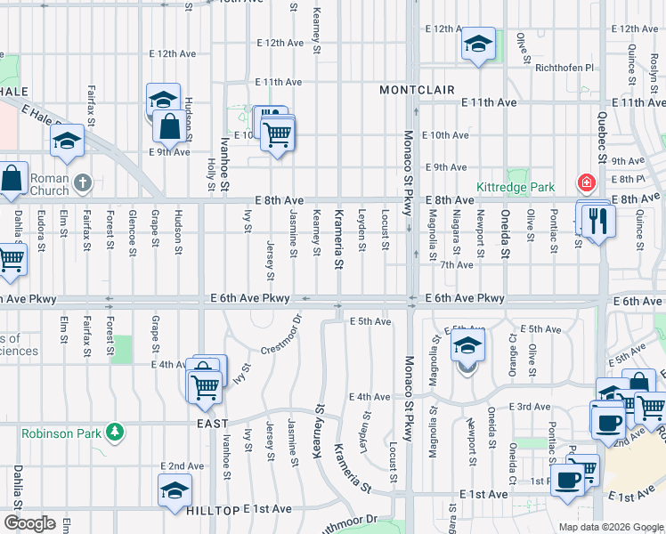 map of restaurants, bars, coffee shops, grocery stores, and more near 722 Krameria Street in Denver