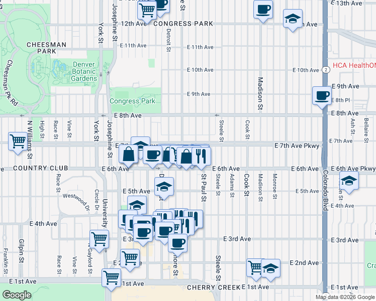map of restaurants, bars, coffee shops, grocery stores, and more near 2945 East 7th Avenue Parkway in Denver