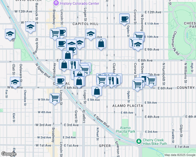 map of restaurants, bars, coffee shops, grocery stores, and more near 701 Pearl Street in Denver