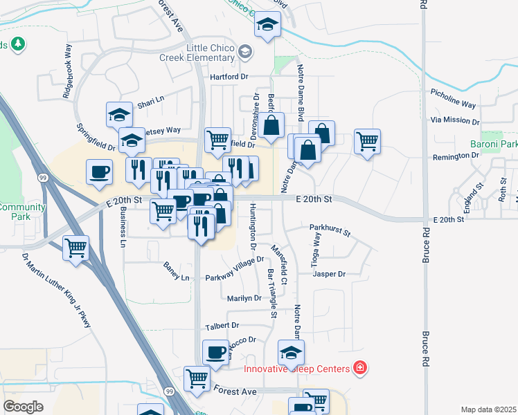map of restaurants, bars, coffee shops, grocery stores, and more near 2002 Huntington Drive in Chico