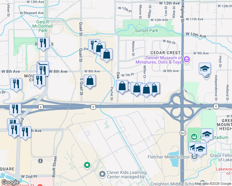 map of restaurants, bars, coffee shops, grocery stores, and more near 10747 West 6th Place in Lakewood