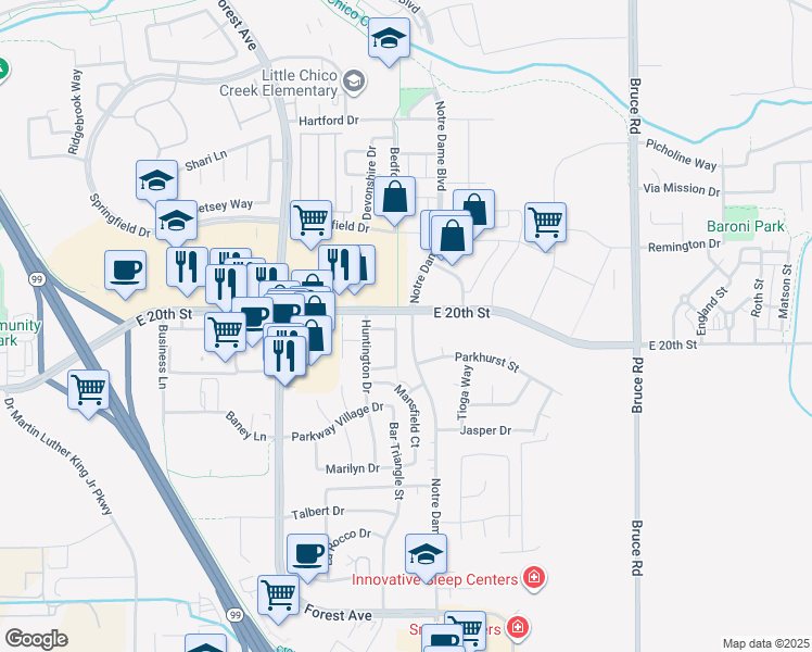 map of restaurants, bars, coffee shops, grocery stores, and more near in Chico