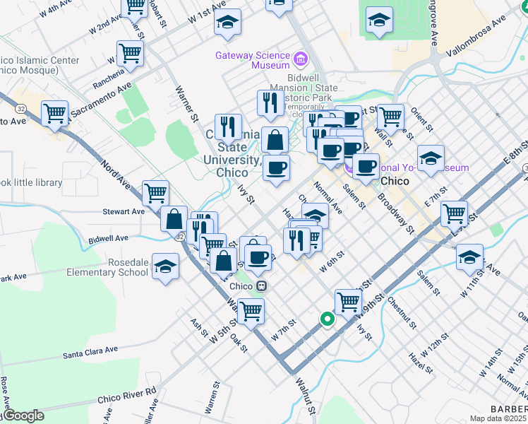 map of restaurants, bars, coffee shops, grocery stores, and more near 400 West 1st Street in Chico
