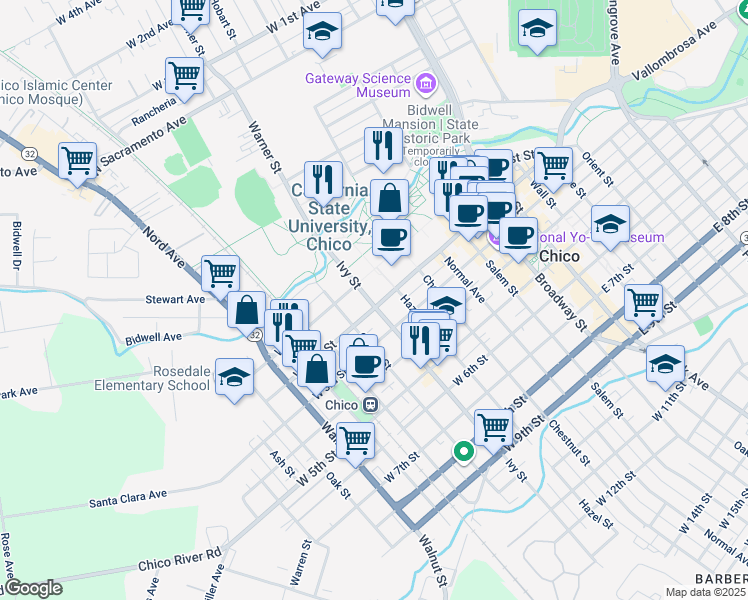 map of restaurants, bars, coffee shops, grocery stores, and more near 400 West 1st Street in Chico