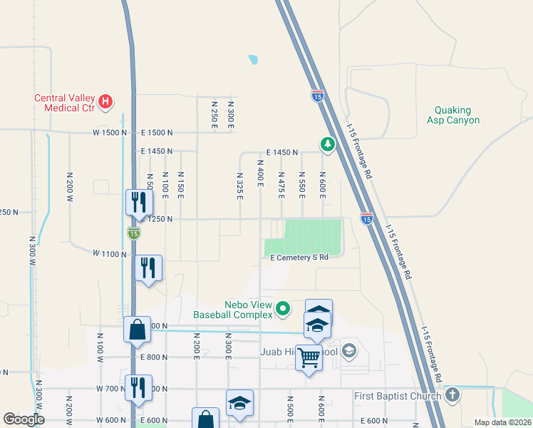 map of restaurants, bars, coffee shops, grocery stores, and more near 1266 North 400 East in Nephi