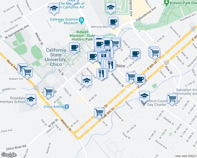 map of restaurants, bars, coffee shops, grocery stores, and more near 429 Normal Avenue in Chico