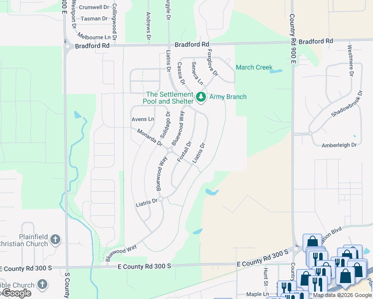 map of restaurants, bars, coffee shops, grocery stores, and more near Foxtail Drive in Plainfield