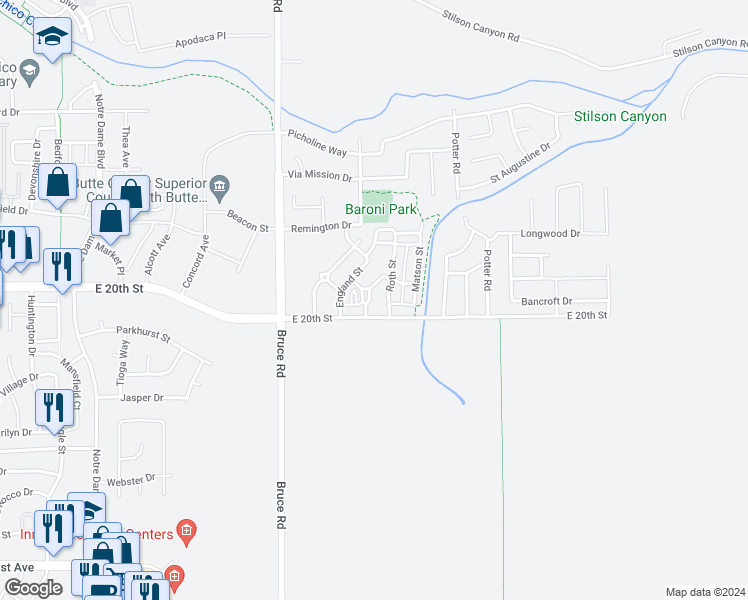 map of restaurants, bars, coffee shops, grocery stores, and more near 2223 Hutchinson Street in Chico