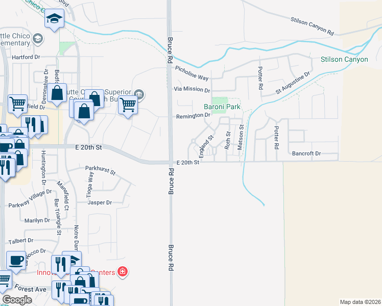 map of restaurants, bars, coffee shops, grocery stores, and more near 2368 McGie Street in Chico
