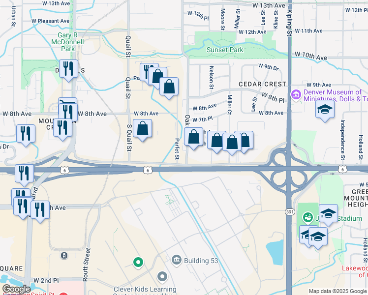 map of restaurants, bars, coffee shops, grocery stores, and more near 633 Oak Street in Lakewood