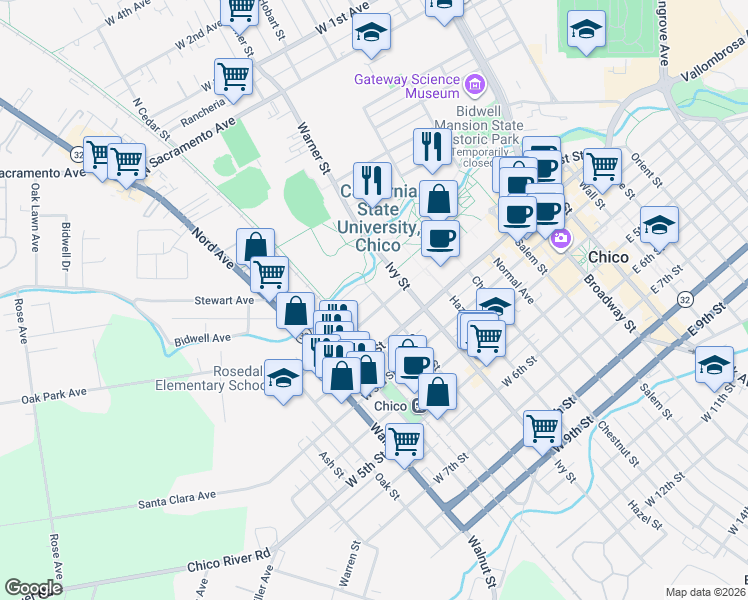 map of restaurants, bars, coffee shops, grocery stores, and more near 400 West 1st Street in Chico