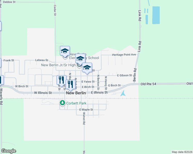 map of restaurants, bars, coffee shops, grocery stores, and more near 501 East Ellis Street in New Berlin