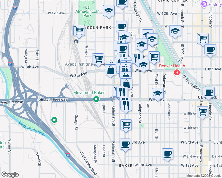 map of restaurants, bars, coffee shops, grocery stores, and more near 700 Kalamath Street in Denver