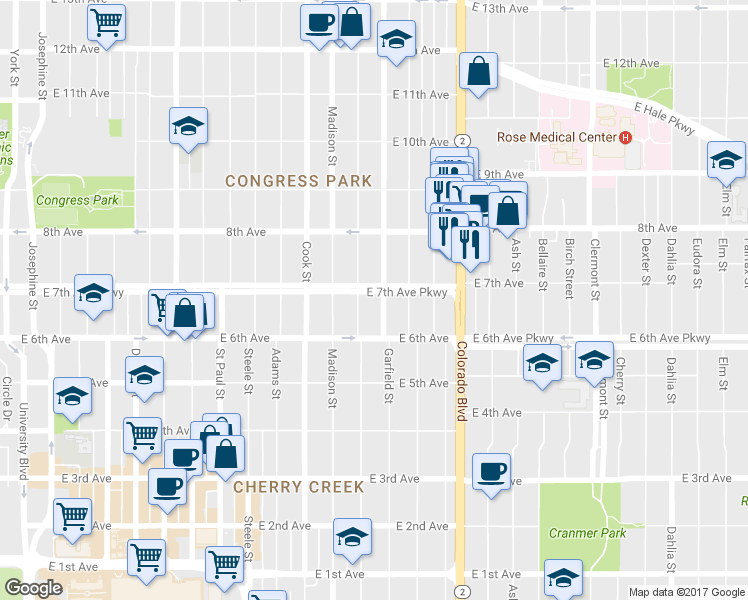map of restaurants, bars, coffee shops, grocery stores, and more near 3622 East 7th Avenue Parkway in Denver