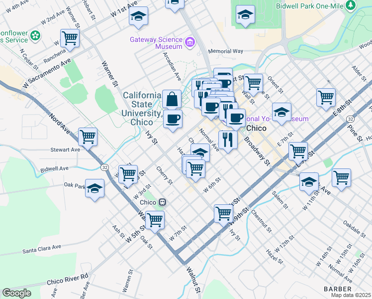 map of restaurants, bars, coffee shops, grocery stores, and more near 442 West 3rd Street in Chico