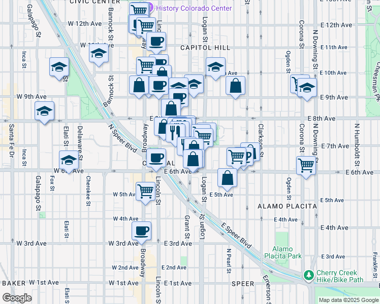 map of restaurants, bars, coffee shops, grocery stores, and more near 670 North Grant Street in Denver