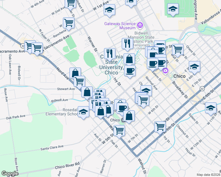 map of restaurants, bars, coffee shops, grocery stores, and more near 40 Cherry Street in Chico