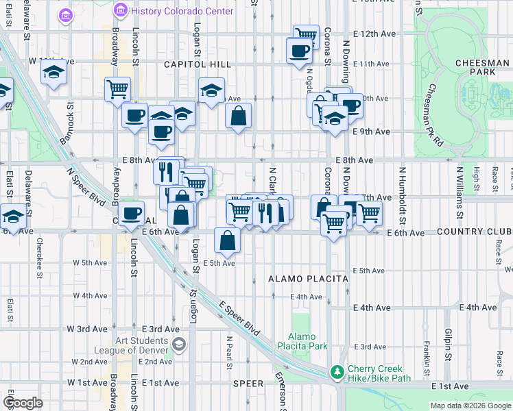 map of restaurants, bars, coffee shops, grocery stores, and more near 707 North Washington Street in Denver
