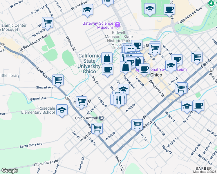 map of restaurants, bars, coffee shops, grocery stores, and more near 206 Hazel Street in Chico