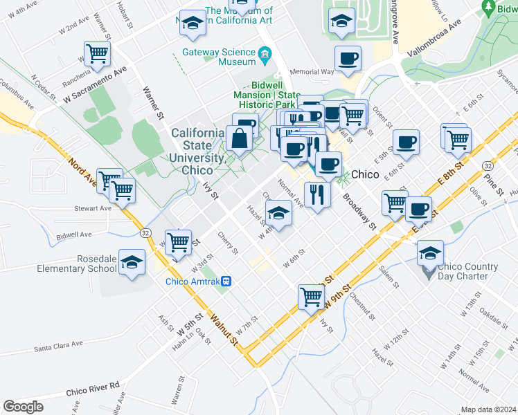 map of restaurants, bars, coffee shops, grocery stores, and more near 536 West 3rd Street in Chico