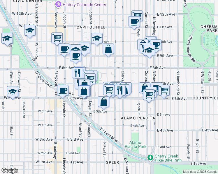 map of restaurants, bars, coffee shops, grocery stores, and more near 707 North Washington Street in Denver