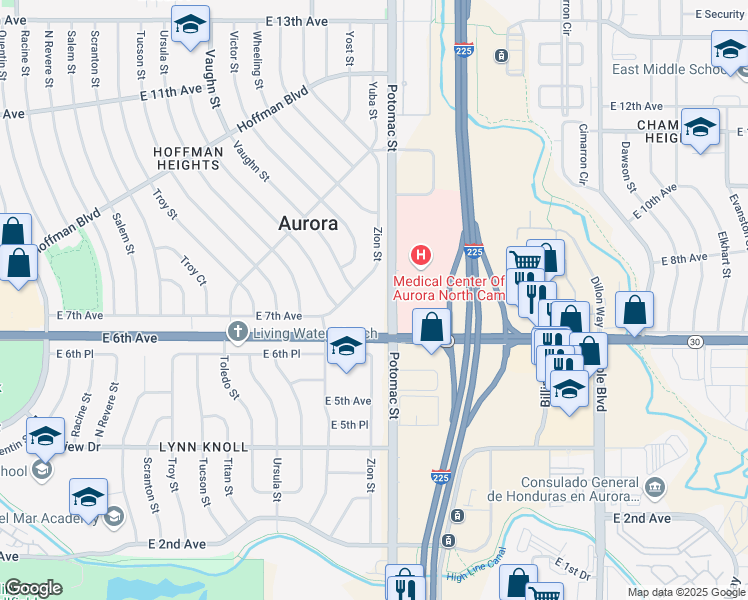 map of restaurants, bars, coffee shops, grocery stores, and more near 780 Zion Street in Aurora