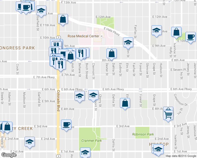 map of restaurants, bars, coffee shops, grocery stores, and more near 701 Cherry Street in Denver