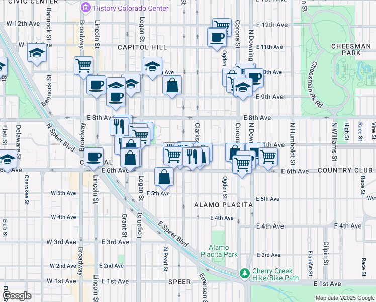 map of restaurants, bars, coffee shops, grocery stores, and more near 707 North Washington Street in Denver