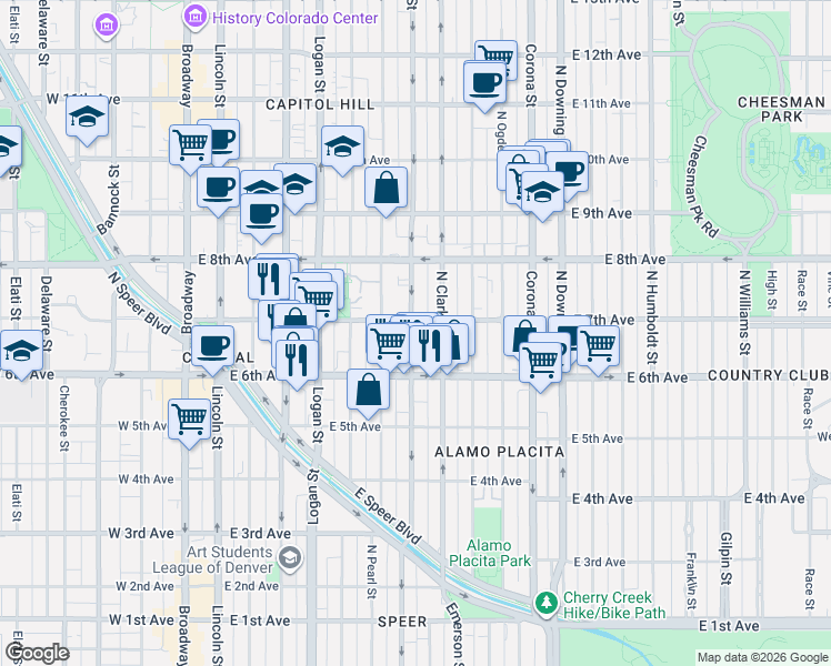 map of restaurants, bars, coffee shops, grocery stores, and more near 707 North Washington Street in Denver