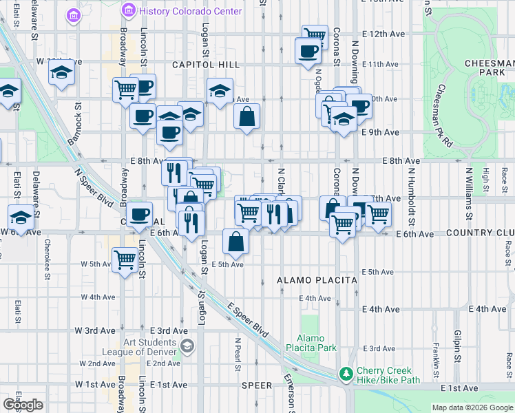 map of restaurants, bars, coffee shops, grocery stores, and more near 707 North Washington Street in Denver