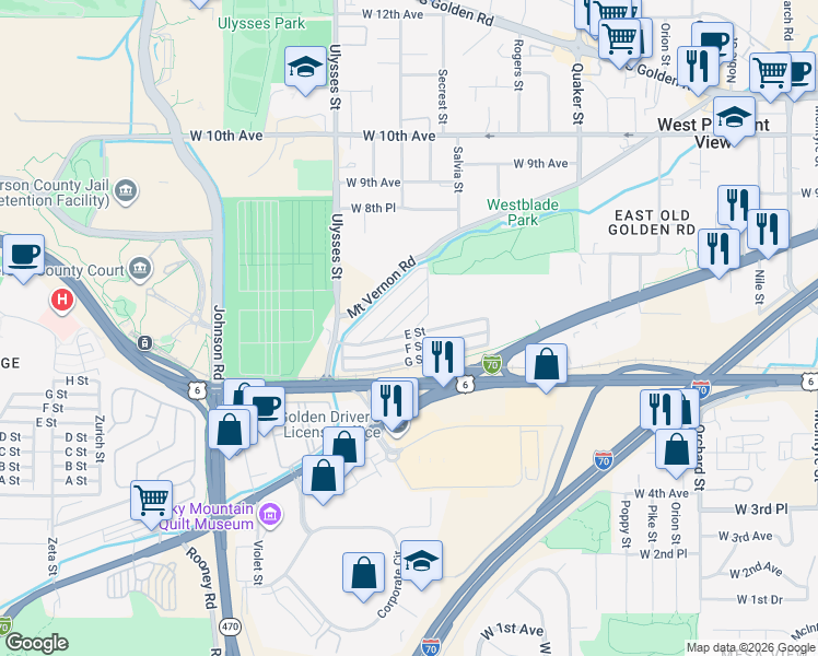 map of restaurants, bars, coffee shops, grocery stores, and more near 17190 Mount Vernon Road in Golden