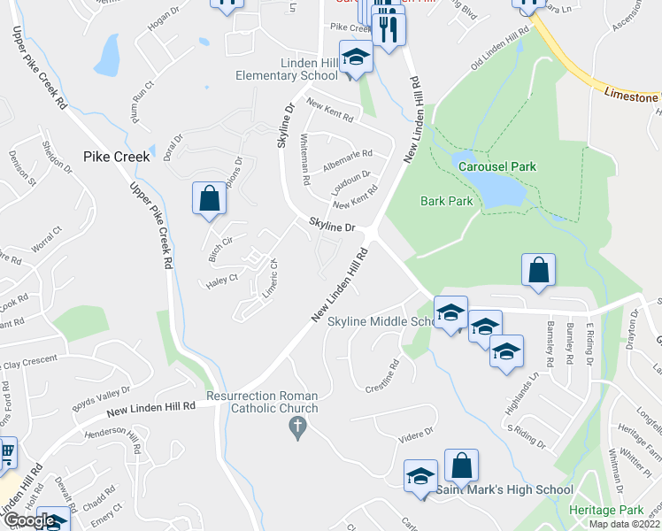 map of restaurants, bars, coffee shops, grocery stores, and more near 5410 Valley Green Drive in Wilmington